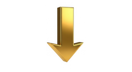 A shiny golden arrow pointing downwards, isolated on a transparent background, symbolizing decline or a downward trend