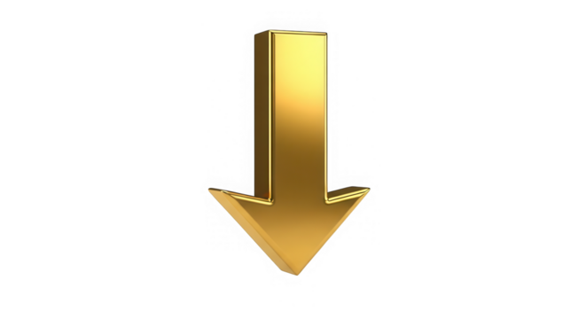 A shiny golden arrow pointing downwards, isolated on a transparent background, symbolizing decline or a downward trend - Powered by Adobe