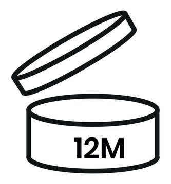 Period After Opening PAO label, symbol, icon logo. Cosmetic open period month 1M, 2M, 3M, 4M, 5M, 6M, 7M, 8M, 9M, 10M, 12M, 18M, 24M, 36M, 48M. Cream pack label for product packaging design.
