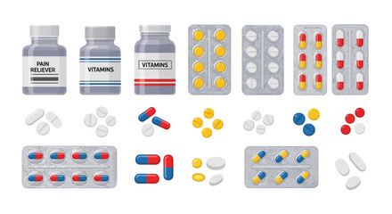 Collection various pharmaceutical products including pill bottles, blister packs capsules and tablets, loose pills, and capsules, presented in clean, organized arrangement