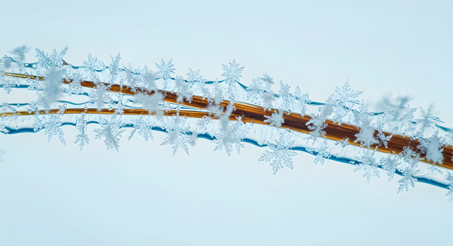 Closeup of delicate snowflakes forming intricate patterns on a thin brown stem, creating a beautiful winter macro scene with a soft, blurred background