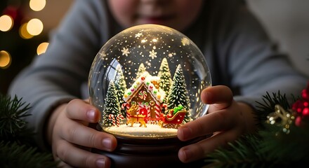 A child's hands carefully holding a magical Christmas snow globe, revealing a festive winter wonderland scene inside