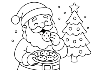 Cute Santa eating cookies beside decorated Christmas tree festive holiday illustration joyful winter scene cartoon line art design isolated on white background