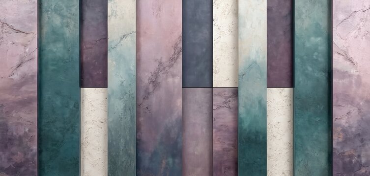 Abstract textured panels show muted jewel tones like purple, teal, and beige. Vertical and horizontal arrangements form a geometric pattern. This abstract art conveys a sophisticated, natural feel.