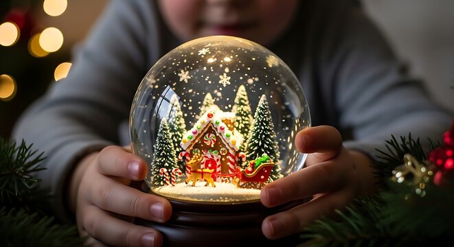 A child's hands carefully holding a magical Christmas snow globe, revealing a festive winter wonderland scene inside - Powered by Adobe