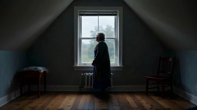 Solitary Reflection: An Elderly Woman's Melancholy Gaze from a Rain-Soaked Attic Window at Dusk, Emphasizing Loneliness.