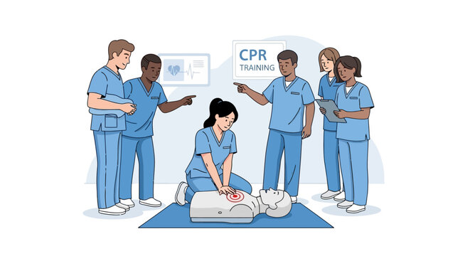 Group medical students practicing cpr on dummy during training session, with instructors observing and guiding the procedure