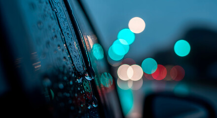 Rainy night driving with blurred car lights and water droplets on the car window, creating a bokeh effect