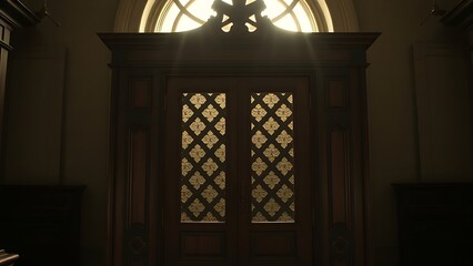 confessional. A vintage wooden confessional booth with light filtering through its lattice grill. event programs, museum guides, designed for cultural heritage projects and event programs.