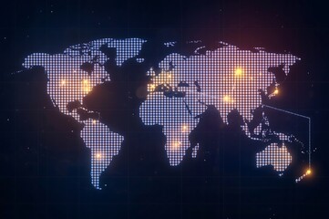Illuminated world map composed of glowing dots highlighting global connections and data