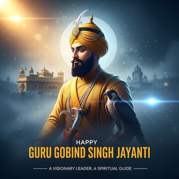 Portrait of guru gobind singh ji with a falcon and temple background