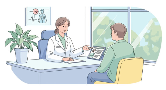 Female doctor consults with male patient in her office, discussing medical information on tablet and reviewing chart, highlighting patient care and medical consultation