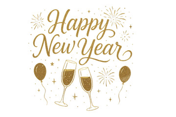 Happy New Year glitter design with gold fireworks balloons champagne glasses festive celebration illustration sparkling holiday greeting on black background