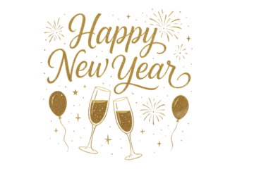 Happy New Year glitter design with gold fireworks balloons champagne glasses festive celebration illustration sparkling holiday greeting on black background