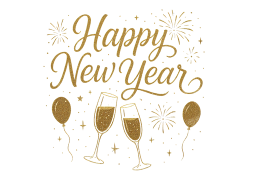 Happy New Year glitter design with gold fireworks balloons champagne glasses festive celebration illustration sparkling holiday greeting on black background - Powered by Adobe