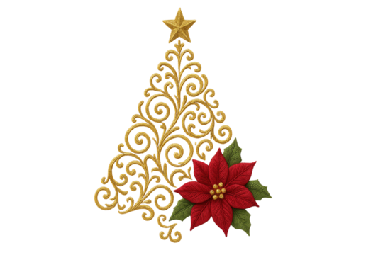 Elegant golden swirl Christmas tree with festive poinsettia flower holiday decoration ornate seasonal design embroidery-style artwork isolated on white background - Powered by Adobe