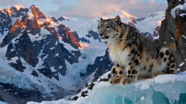 Majestic Snow Leopard's Dawn Vigil on an Icy Mountain Ledge: A Serene and Powerful Encounter.