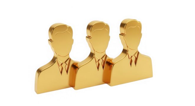 Three golden figures representing a team or business people, isolated on transparent background - Powered by Adobe