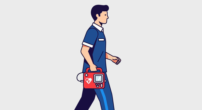 Man in medical attire walking while carrying portable automated external defibrillator aed device