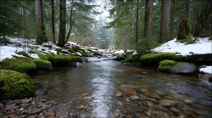A serene winter forest scene with a clear stream flowing over mossy rocks and snow covered banks