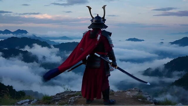 Solitary Samurai at Dawn: A Telephoto Gaze Over Misty Mountains, Reflecting Resilience and Tranquility.