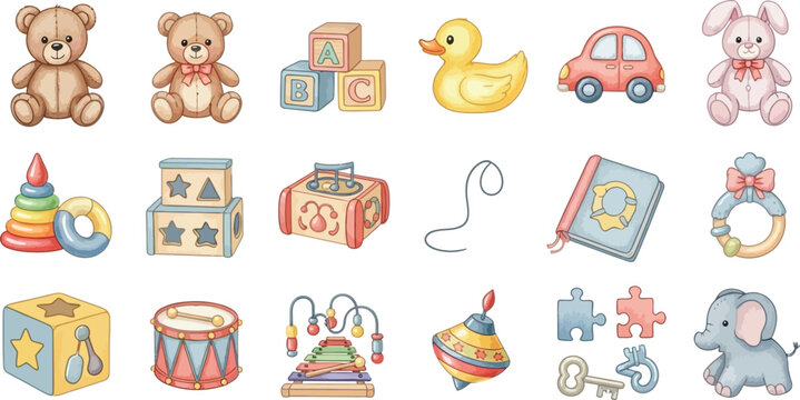 Collection of charming watercolor illustrations of classic children s toys including teddy bears building blocks and a rubber duck for playful design elements