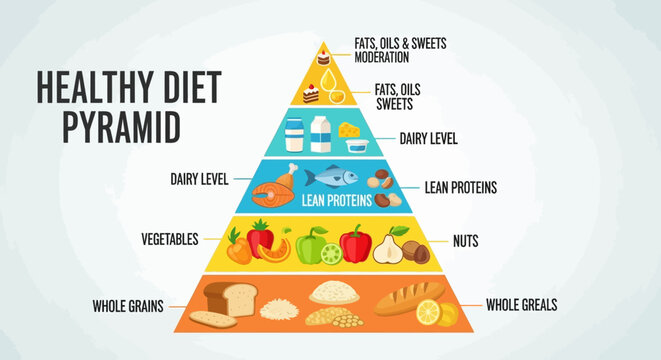 Healthy diet pyramid showing food groups and recommended daily intake for balanced nutrition, including whole grains, vegetables, lean proteins, dairy, and fats, oils, and sweets