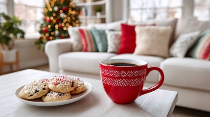 Red mug with a white handle sits on a table next to a plate of cookies