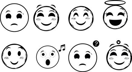 Collection of hand drawn doodle faces expressing various emotions like sadness happiness surprise and joy