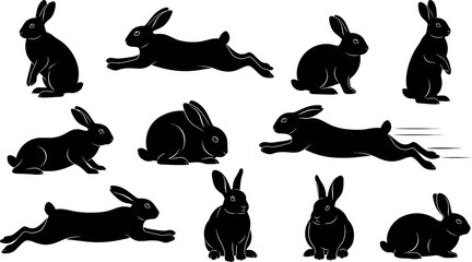 Collection of black silhouette illustrations of rabbits in various dynamic running and jumping poses on a white background