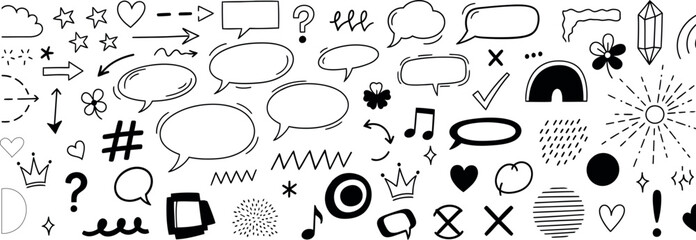 Collection of hand drawn doodle elements including speech bubbles arrows hearts stars and musical notes