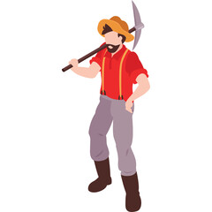 Farmer Standing With Pickaxe Over Shoulder Wearing Straw Hat Red Shirt And Suspenders Brown Boots Light Purple Pants Isolated On White Background With Transparent Background