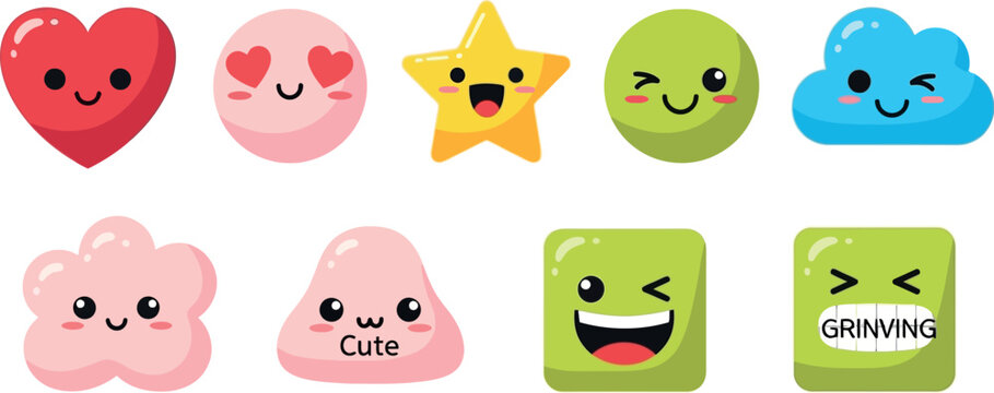 Collection of cute kawaii cartoon characters with happy and funny faces in various shapes and colors