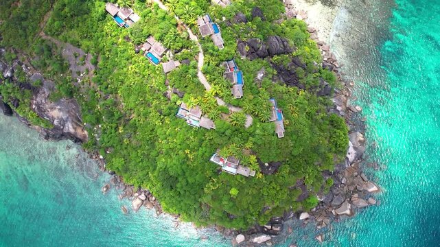 Seychelles paradie resort with swimming pools in the rainforest view from above