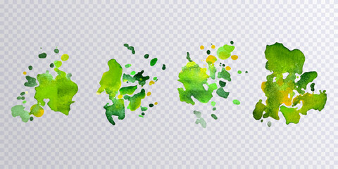 Collection of green  paint splats isolated on transparent background. Set of green decorative splashes. Art decorations. Paint spots. Watercolour splashes.Design elements. Vector illustration.