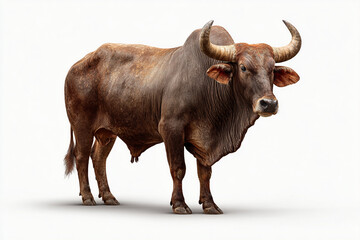 A powerful, muscular brown bull with large horns stands confidently, isolated on a bright white background, captured with realistic detail.