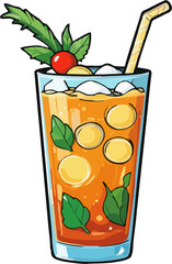 Vector Illustration of Orange Summer Cocktail with Mint Leaves, Cherry, Ice Cubes, Lemon Slice, and Striped Straw