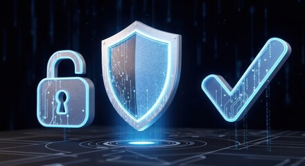 Security shield padlock and checkmark icons glow against a dark circuit board background representing digital security data protection and cybersecurity measures safeguarding online information and e