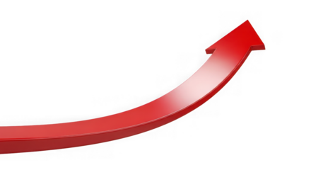 A bright red arrow curves upwards, indicating growth, progress, and success, isolated on a transparent background