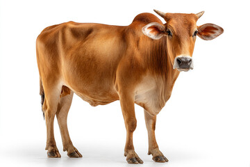 A powerful, muscular brown bull with large horns stands confidently, isolated on a bright white background, captured with realistic detail.