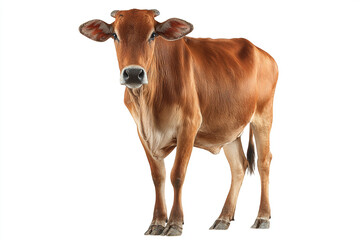 A powerful, muscular brown bull with large horns stands confidently, isolated on a bright white background, captured with realistic detail.