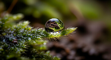 Macro photograph of a single dewdrop resting on a vibrant green moss plant, reflecting the surrounding forest environment in its surface