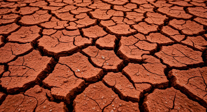 Closeup view of cracked dry earth, highlighting the arid texture and deep fissures formed by drought and extreme heat