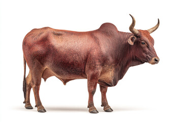 A powerful, muscular brown bull with large horns stands confidently, isolated on a bright white background, captured with realistic detail.