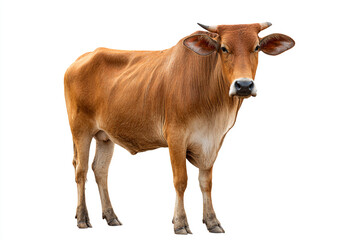 A powerful, muscular brown bull with large horns stands confidently, isolated on a bright white background, captured with realistic detail.