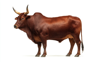 A powerful, muscular brown bull with large horns stands confidently, isolated on a bright white background, captured with realistic detail.