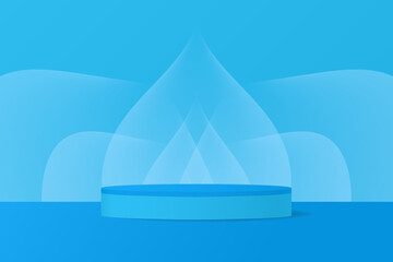 Blue podium, abstract background with gradient cones and bubbles
