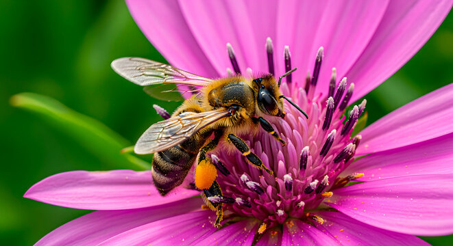 A closeup macro photograph of a honey bee collecting pollen from a vibrant pink daisylike flower, showcasing intricate details of the insect and bloom - Powered by Adobe