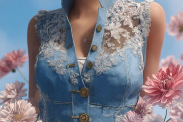 Fashionable woman in blue denim vest with floral accents outdoors in sunny weather