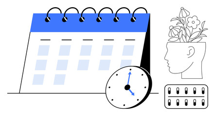 Calendar with blue header, clock showing time, head with flowers portraying mindfulness, and pill organizer for planning. Ideal for productivity, organization, health, wellness, mental clarity